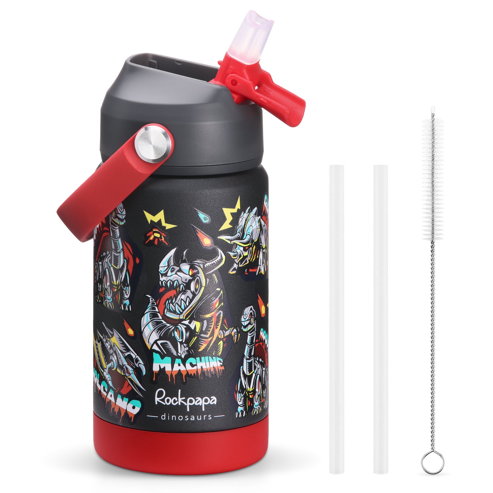 rockpapa Kids Insulated Water Bottle with Straw, BPA-Free, 18/8 Stainless Steel, Leak Proof, 14OZ Metal Cup Water Bottle for School Boys Girls (Blue Dinosaur)