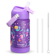 rockpapa Kids Insulated Water Bottle with Straw, BPA-Free, 18/8 Stainless Steel, Leak Proof, 14OZ Metal Cup Water Bottle for School Boys Girls (Blue Dinosaur)