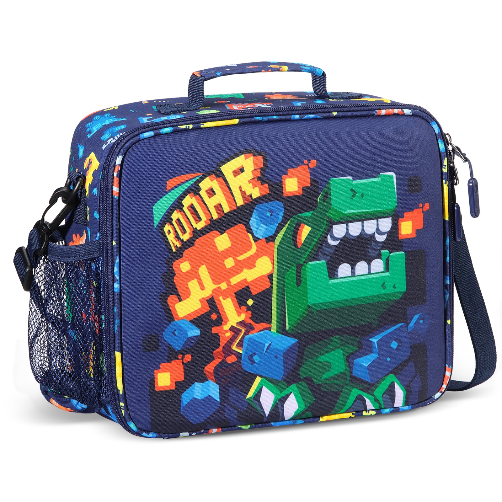 rockpapa Kids Lunch Bag for Kids with Strap, Waterproof, Stain & Oil-Resistant, Insulated LunchBag, Reusable Lunch Tote Bag Holds Lunch Box, Water Bottle & Snacks for School (Grey Constr Trucks)