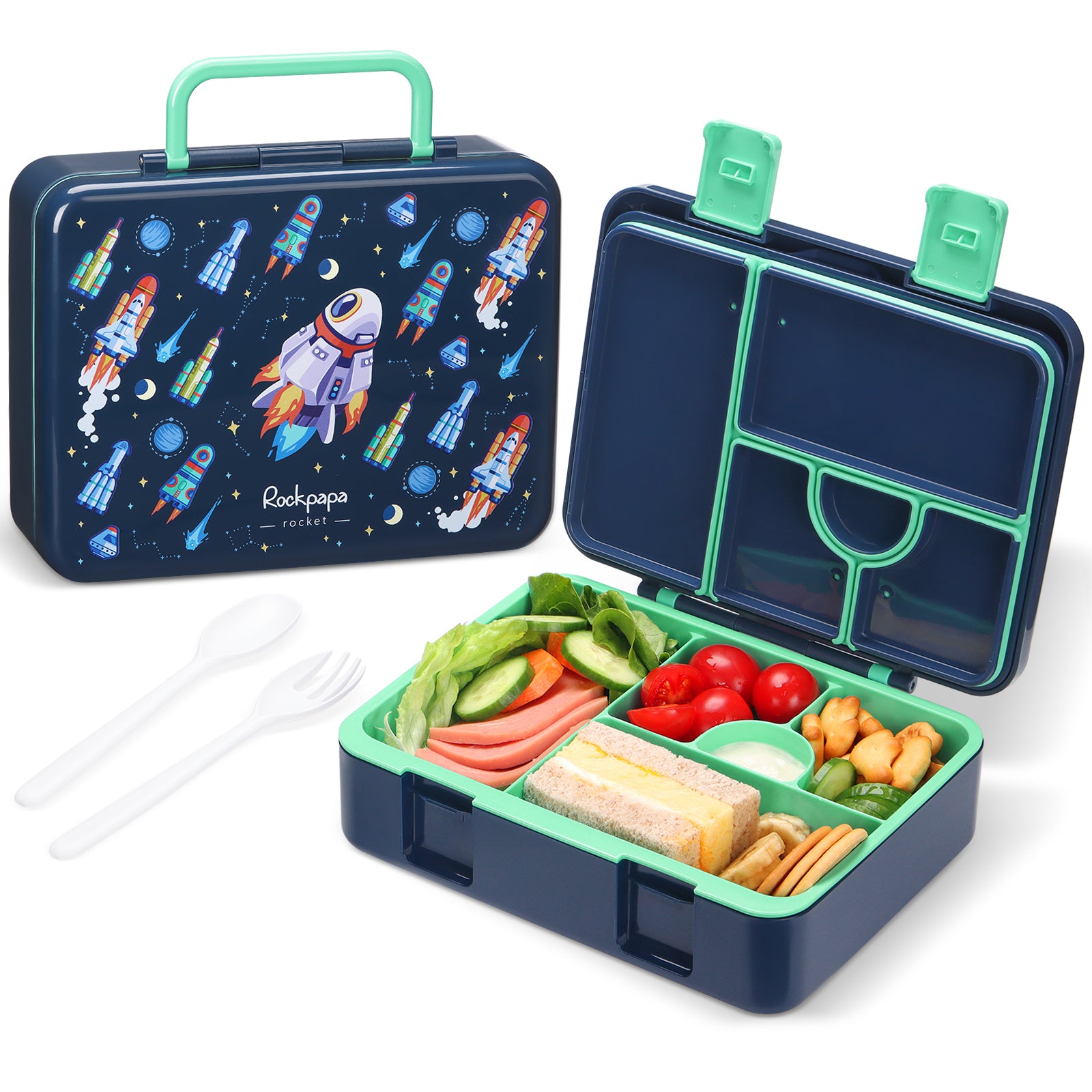 Keeli Kids Insulated Lunch Box Set - Outer Space Rocket Ship Blue With Sandwich Cutter