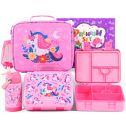rockpapa 5 Compartment Bento Lunch Box for Kids with Uensils & Insulated Water Bottle & Lunch Bag with Strap, BPA-Free Lunch box Containers Set for School Boys Girls Ages 3+ (White Rainbow)