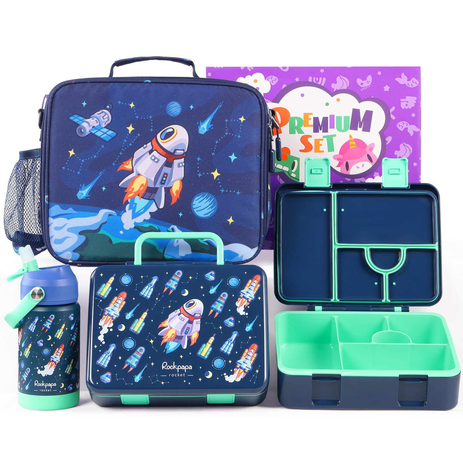 rockpapa 5 Compartment Bento Lunch Box for Kids with Uensils & Insulated Water Bottle & Lunch Bag with Strap, BPA-Free Lunch box Containers Set for School Boys Girls Ages 3+ (White Rainbow)