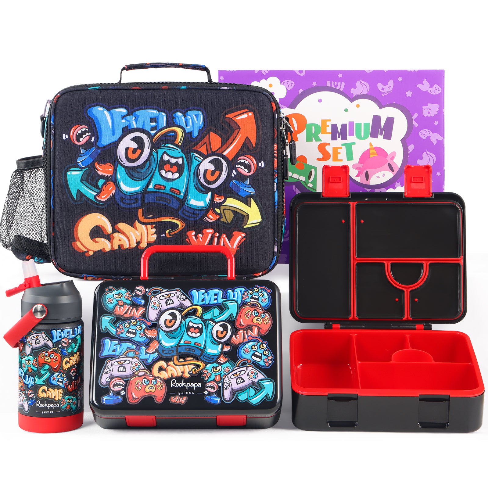rockpapa 5 Compartment Bento Lunch Box for Kids with Uensils & Insulated Water Bottle & Lunch Bag with Strap, BPA-Free Lunch box Containers Set for School Boys Girls Ages 3+ (White Rainbow)