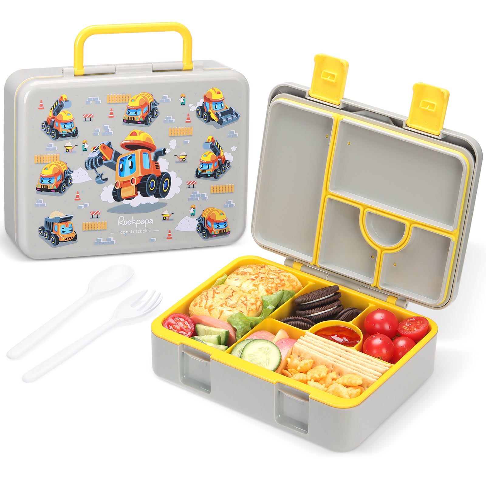 rockpapa 5 Compartment Bento Lunch Box for Kids, Leak Proof, Dishwasher Safe, BPA Free Materials, 47oz Snack Bento Box with Utensils & Handle for Boys Girls Ages 3+ (Purple Butterfly)