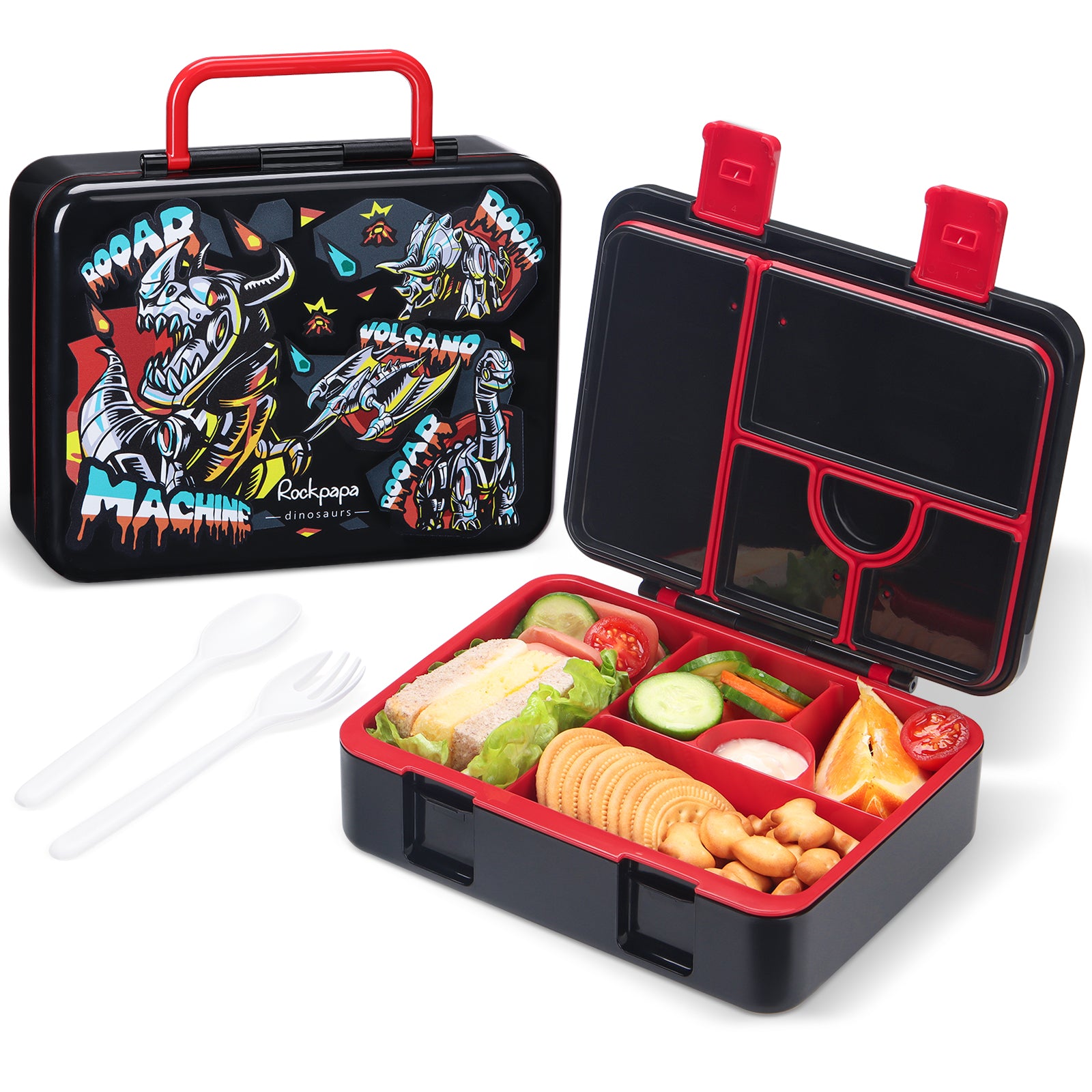 rockpapa 5 Compartment Bento Lunch Box for Kids, Leak Proof, Dishwasher Safe, BPA Free Materials, 47oz Snack Bento Box with Utensils & Handle for Boys Girls Ages 3+ (Purple Butterfly)