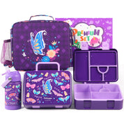 rockpapa 5 Compartment Bento Lunch Box for Kids with Uensils & Insulated Water Bottle & Lunch Bag with Strap, BPA-Free Lunch box Containers Set for School Boys Girls Ages 3+ (White Rainbow)