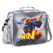 rockpapa Kids Lunch Bag for Kids with Strap, Waterproof, Stain & Oil-Resistant, Insulated LunchBag, Reusable Lunch Tote Bag Holds Lunch Box, Water Bottle & Snacks for School (Grey Constr Trucks)