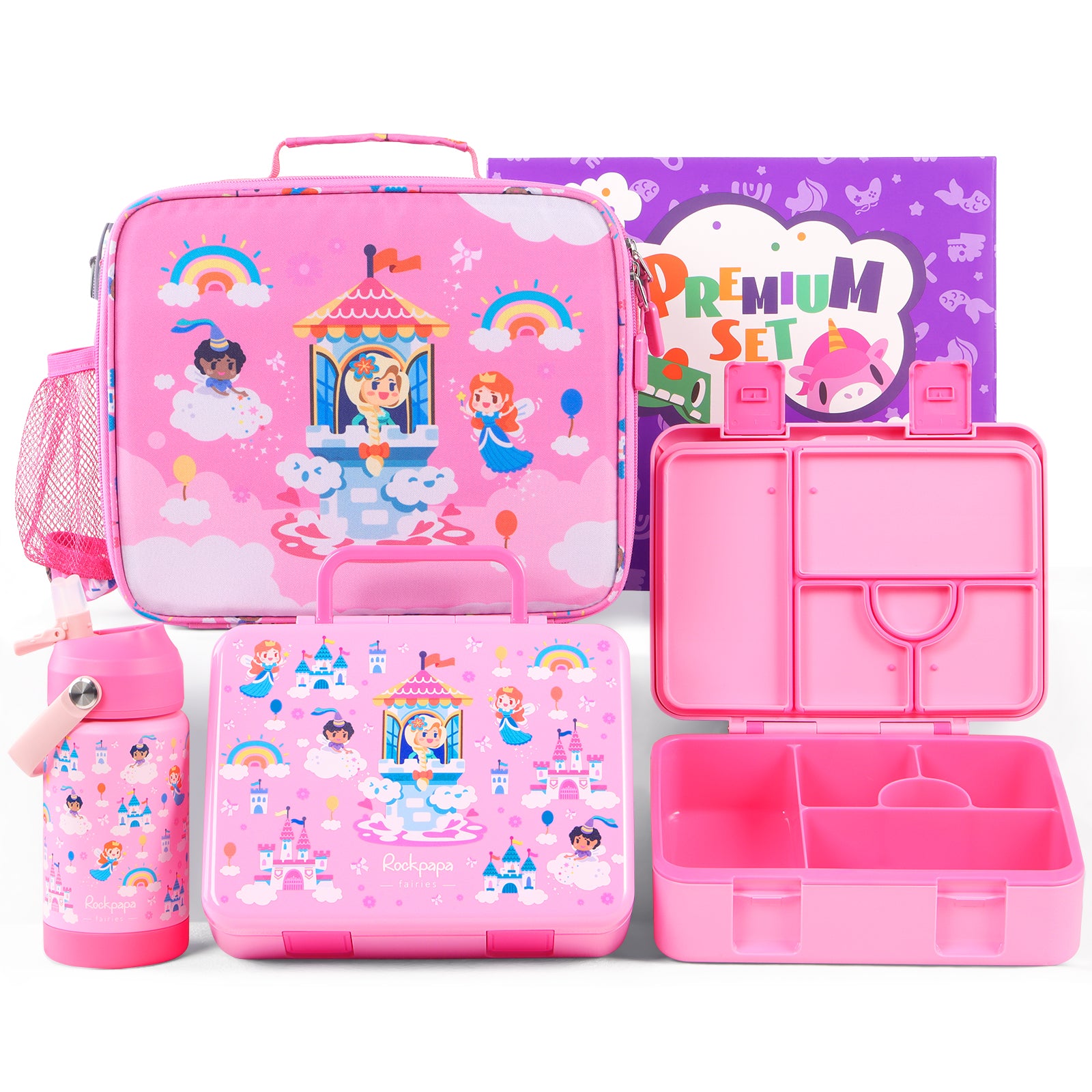 rockpapa 5 Compartment Bento Lunch Box for Kids with Uensils & Insulated Water Bottle & Lunch Bag with Strap, BPA-Free Lunch box Containers Set for School Boys Girls Ages 3+ (White Rainbow)