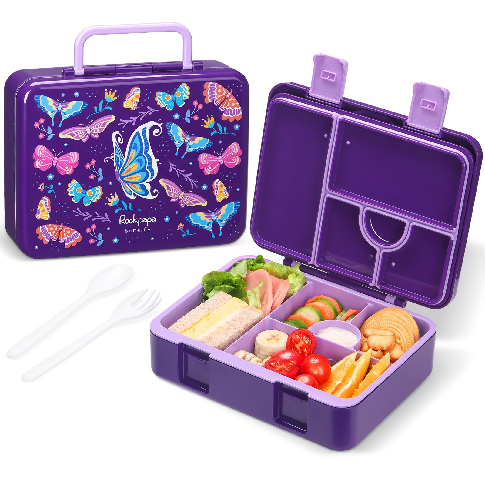 rockpapa 5 Compartment Bento Lunch Box for Kids, Leak Proof, Dishwasher Safe, BPA Free Materials, 47oz Snack Bento Box with Utensils & Handle for Boys Girls Ages 3+ (Purple Butterfly)
