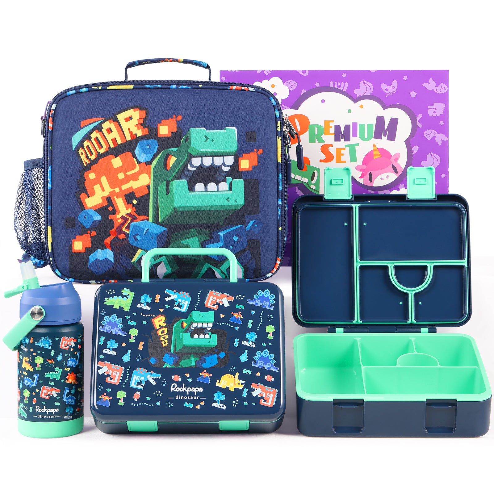rockpapa 5 Compartment Bento Lunch Box for Kids with Uensils & Insulated Water Bottle & Lunch Bag with Strap, BPA-Free Lunch box Containers Set for School Boys Girls Ages 3+ (White Rainbow)