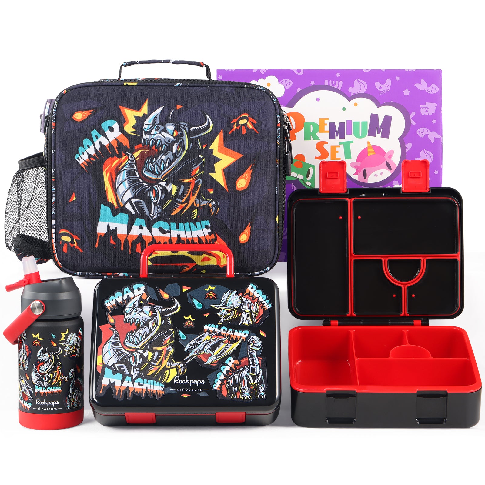 rockpapa 5 Compartment Bento Lunch Box for Kids with Uensils & Insulated Water Bottle & Lunch Bag with Strap, BPA-Free Lunch box Containers Set for School Boys Girls Ages 3+ (White Rainbow)