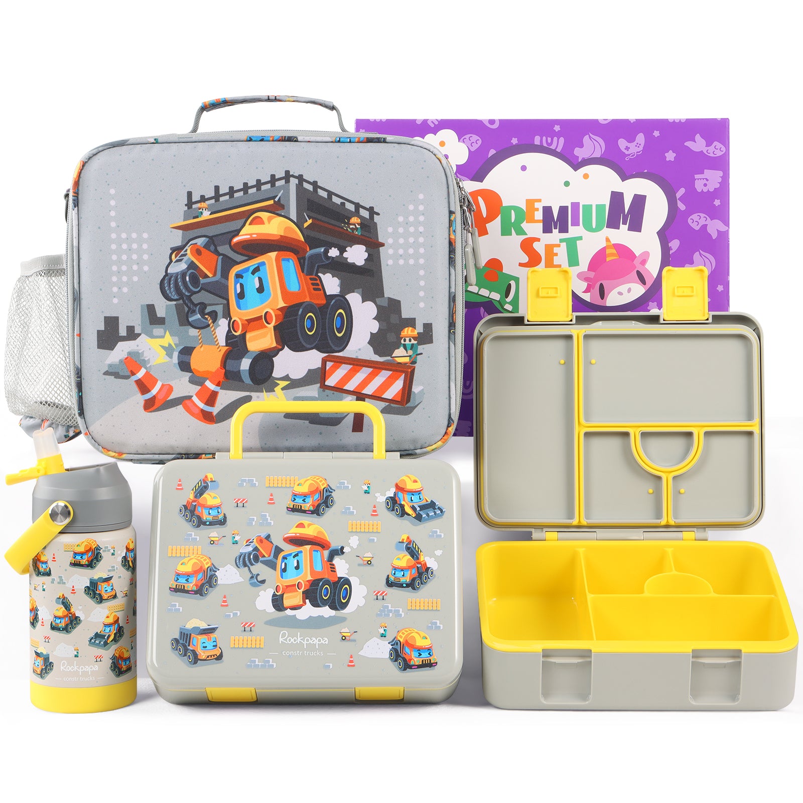 rockpapa 5 Compartment Bento Lunch Box for Kids with Uensils & Insulated Water Bottle & Lunch Bag with Strap, BPA-Free Lunch box Containers Set for School Boys Girls Ages 3+ (White Rainbow)