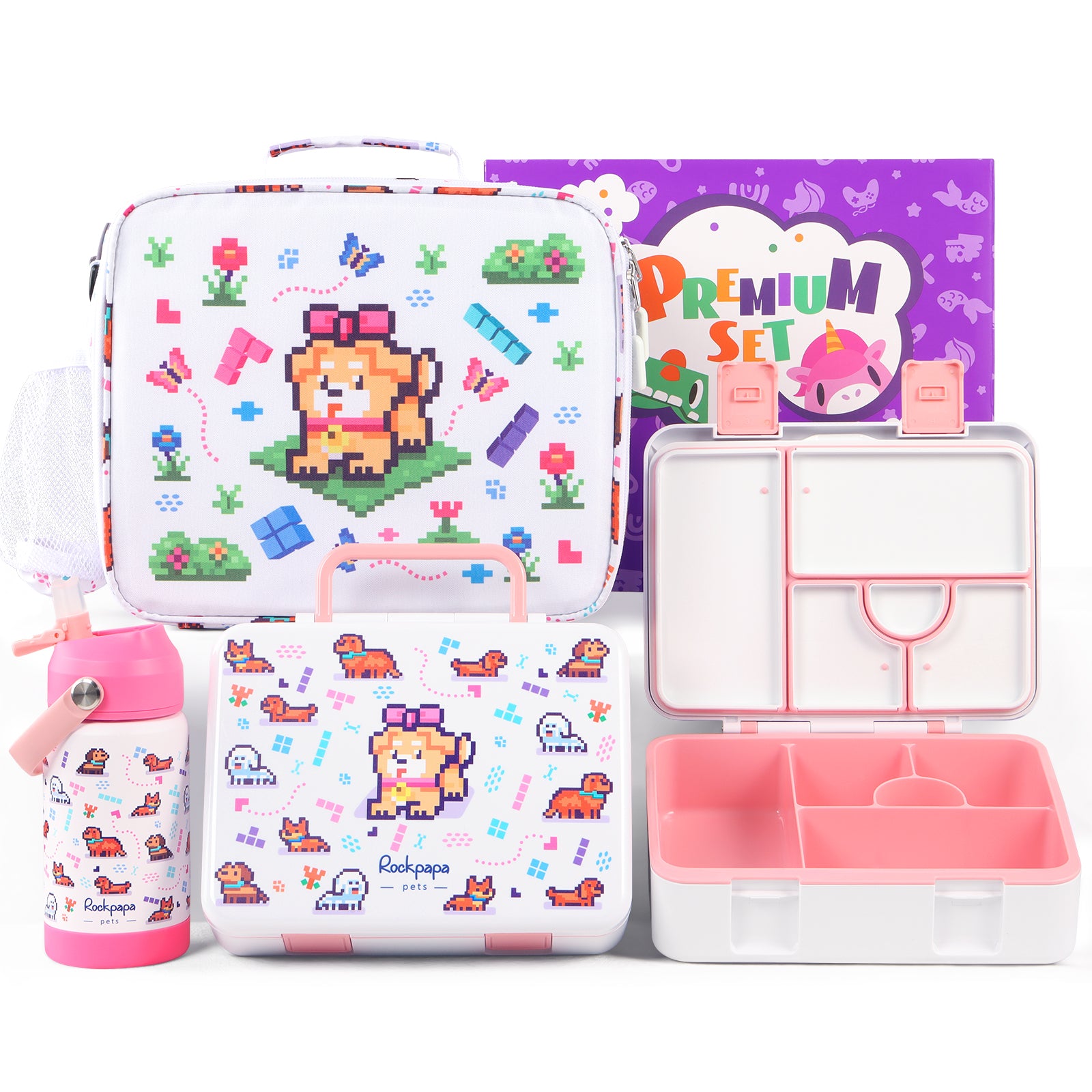 rockpapa 5 Compartment Bento Lunch Box for Kids with Uensils & Insulated Water Bottle & Lunch Bag with Strap, BPA-Free Lunch box Containers Set for School Boys Girls Ages 3+ (White Rainbow)