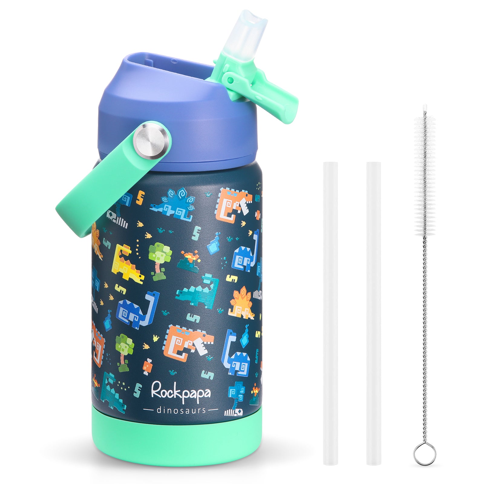 rockpapa Kids Insulated Water Bottle with Straw, BPA-Free, 18/8 Stainless Steel, Leak Proof, 14OZ Metal Cup Water Bottle for School Boys Girls (Blue Dinosaur)
