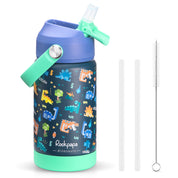 rockpapa Kids Insulated Water Bottle with Straw, BPA-Free, 18/8 Stainless Steel, Leak Proof, 14OZ Metal Cup Water Bottle for School Boys Girls (Blue Dinosaur)