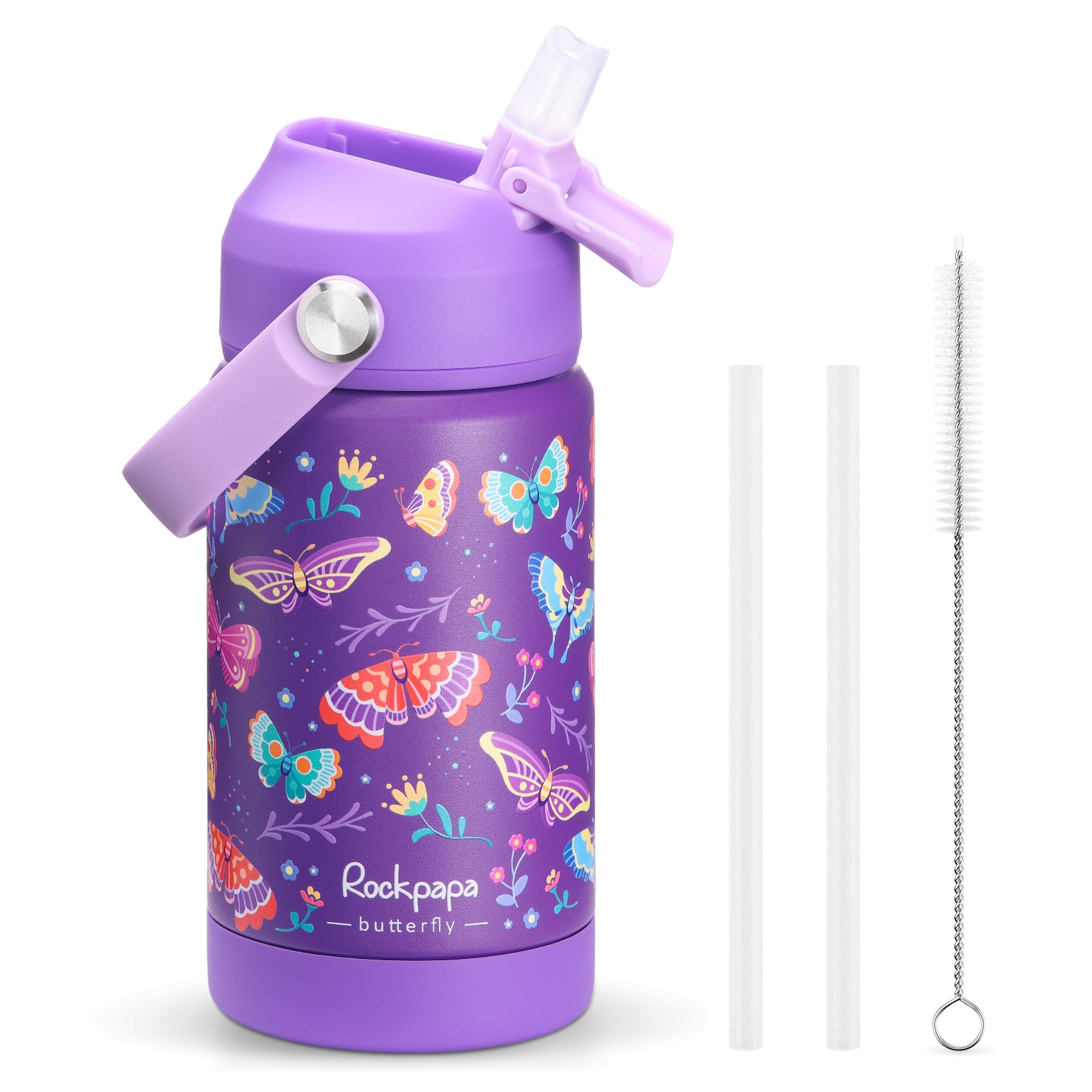 rockpapa Kids Insulated Water Bottle with Straw, BPA-Free, 18/8 Stainless Steel, Leak Proof, 14OZ Metal Cup Water Bottle for School Boys Girls (Blue Dinosaur)