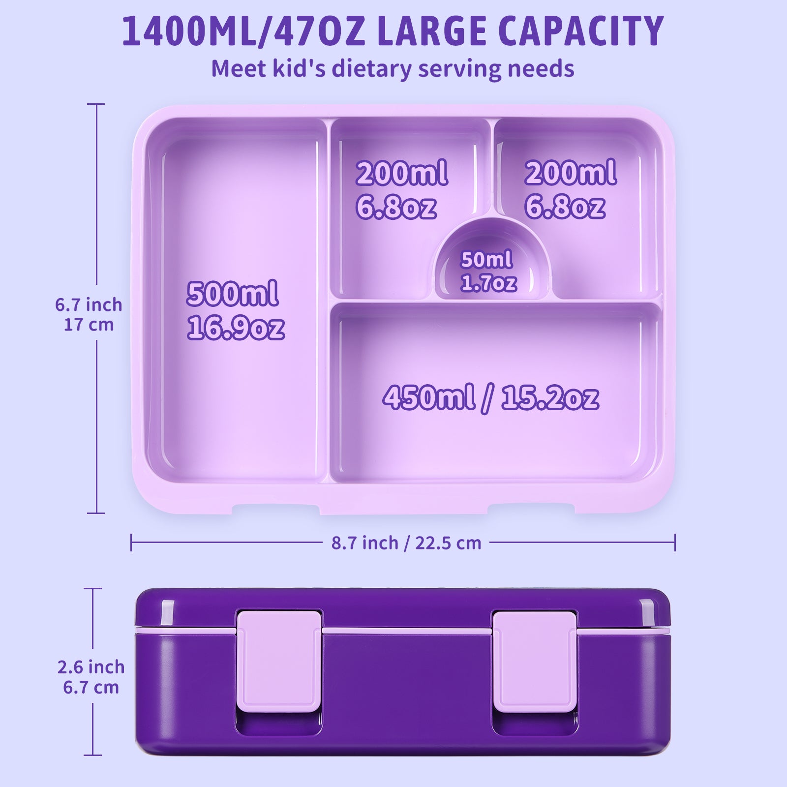 rockpapa 5 Compartment Bento Lunch Box for Kids, Leak Proof, Dishwasher Safe, BPA Free Materials, 47oz Snack Bento Box with Utensils & Handle for Boys Girls Ages 3+ (Purple Butterfly)