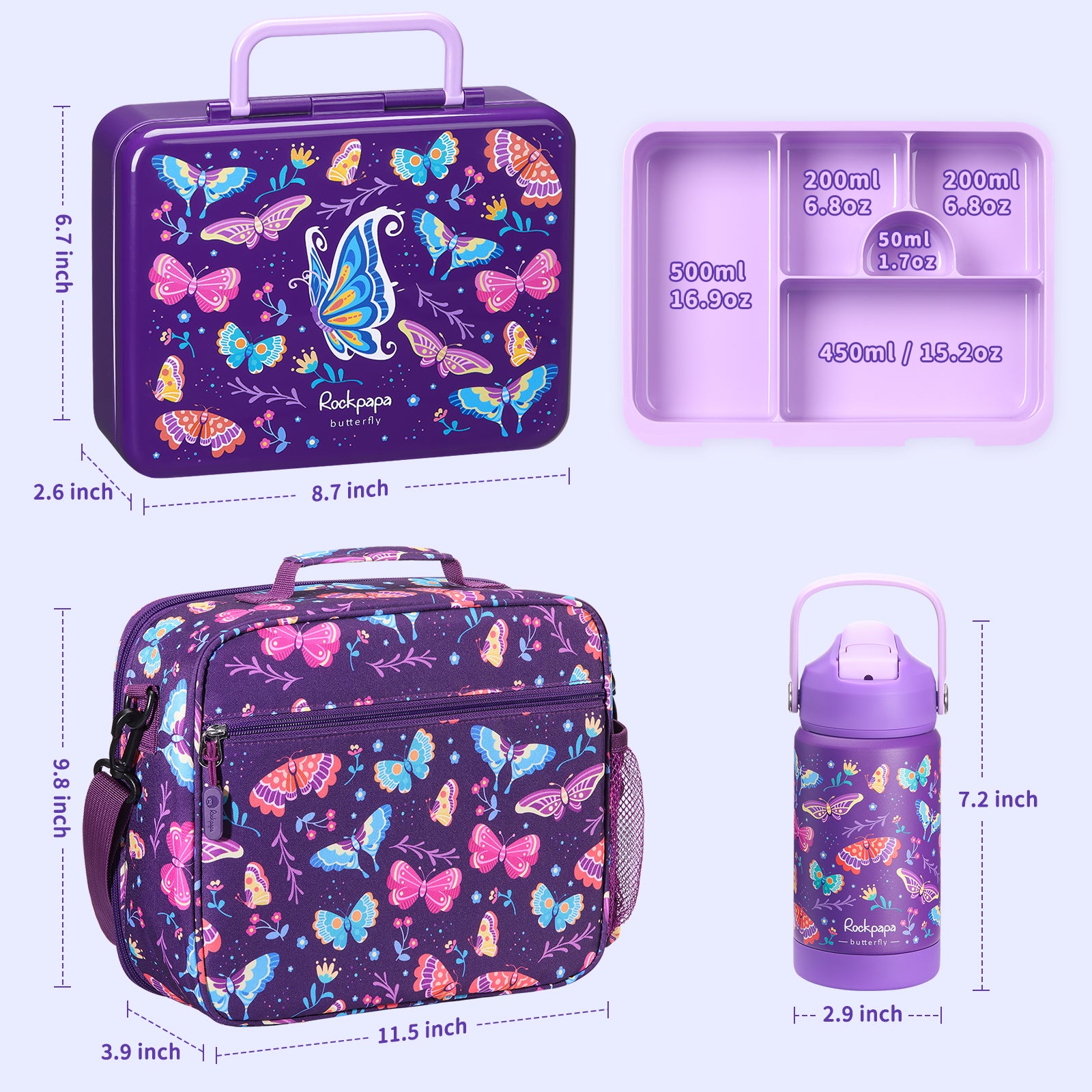 rockpapa 5 Compartment Bento Lunch Box for Kids with Uensils & Insulated Water Bottle & Lunch Bag with Strap, BPA-Free Lunch box Containers Set for School Boys Girls Ages 3+