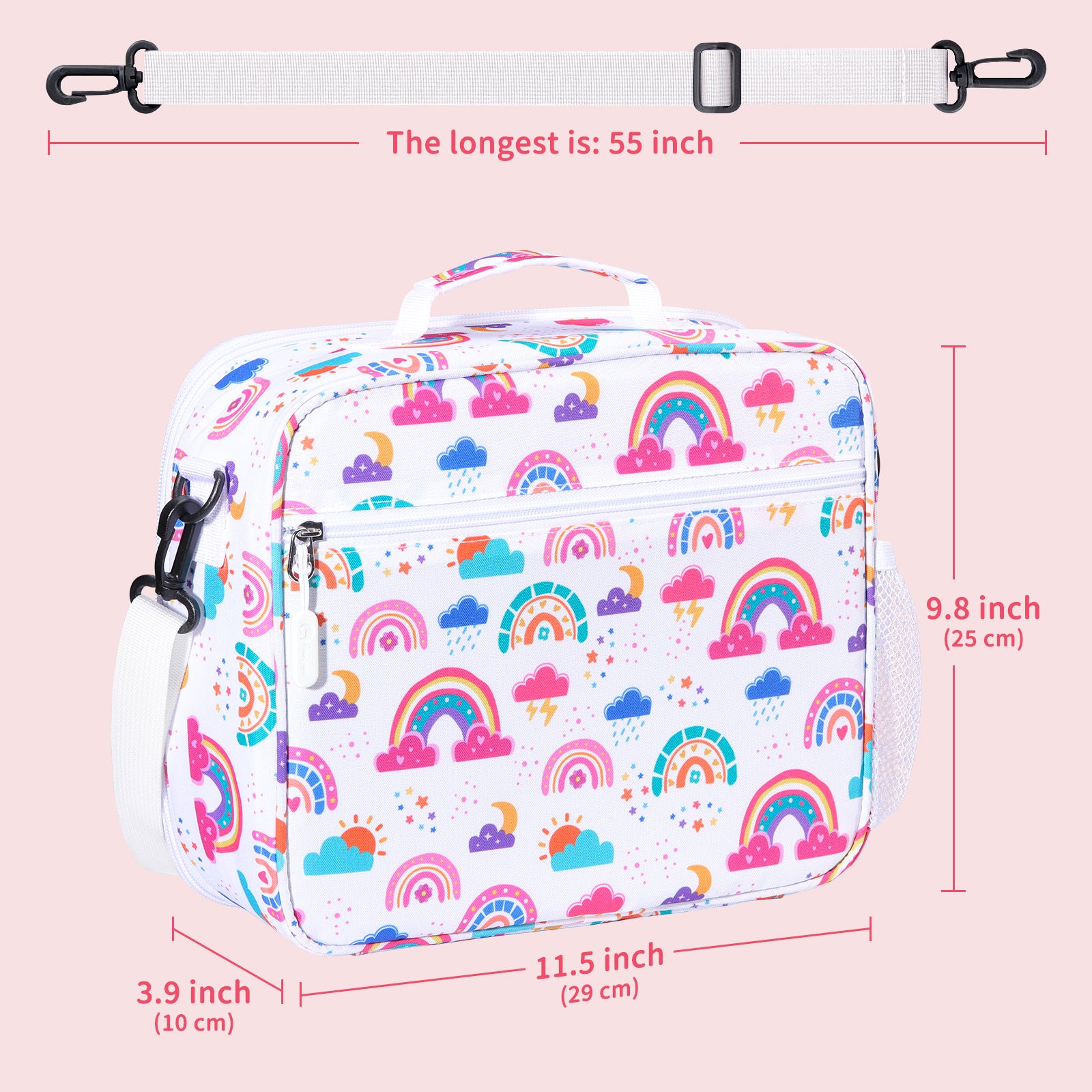 rockpapa Kids Lunch Bag for Kids with Strap, Waterproof, Stain & Oil-Resistant, Insulated LunchBag, Reusable Lunch Tote Bag Holds Lunch Box, Water Bottle & Snacks for School (White Rainbow)