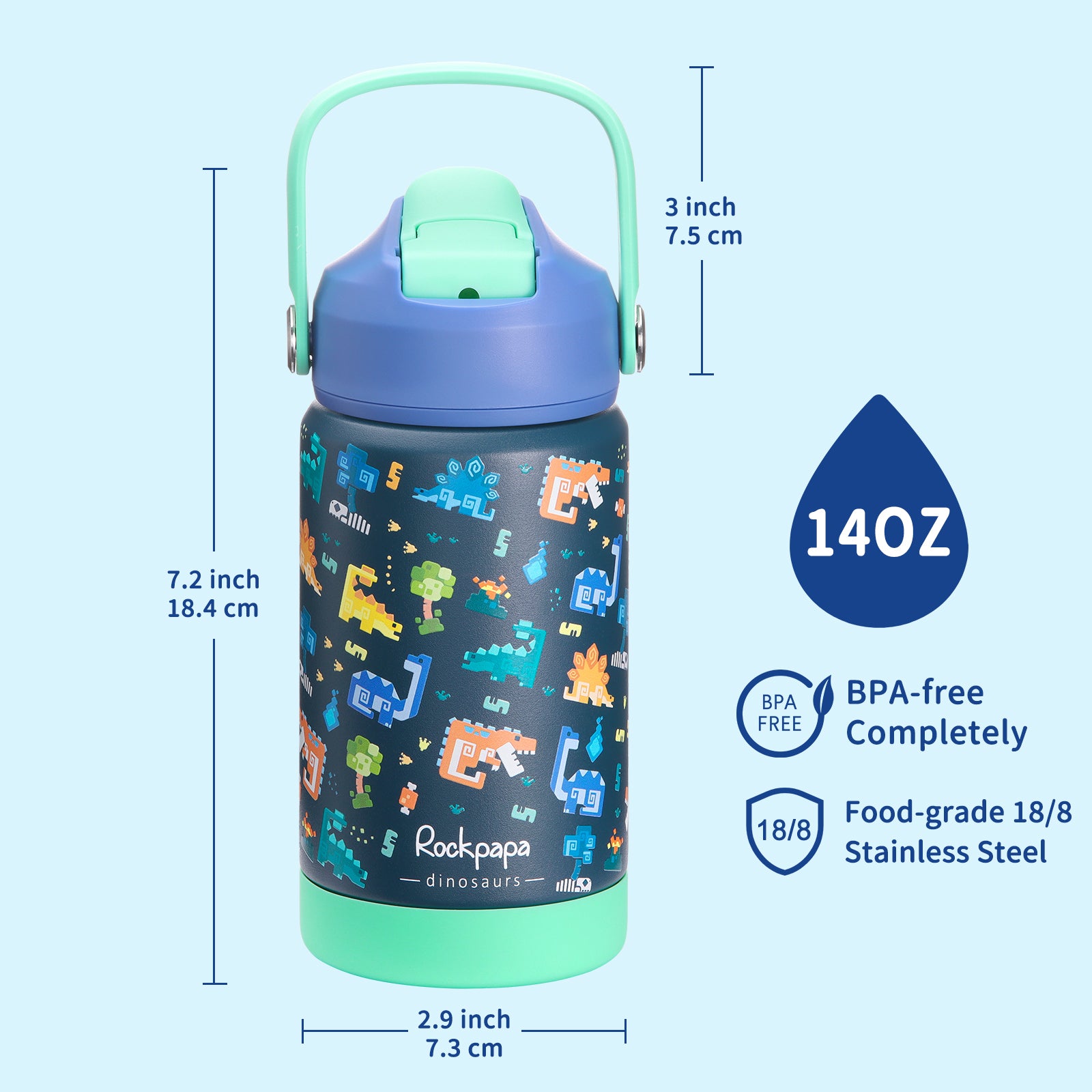 rockpapa Kids Insulated Water Bottle with Straw, BPA-Free, 18/8 Stainless Steel, Leak Proof, 14OZ Metal Cup Water Bottle for School Boys Girls (Blue Dinosaur)