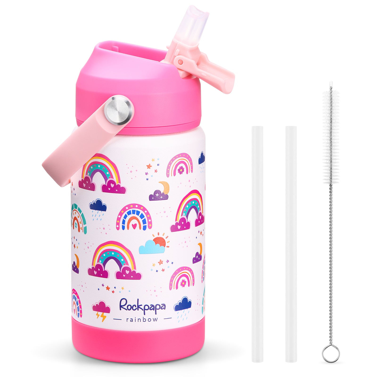 rockpapa Kids Insulated Water Bottle with Straw, BPA-Free, 18/8 Stainless Steel, Leak Proof, 14OZ Metal Cup Water Bottle for School Boys Girls (Blue Dinosaur)