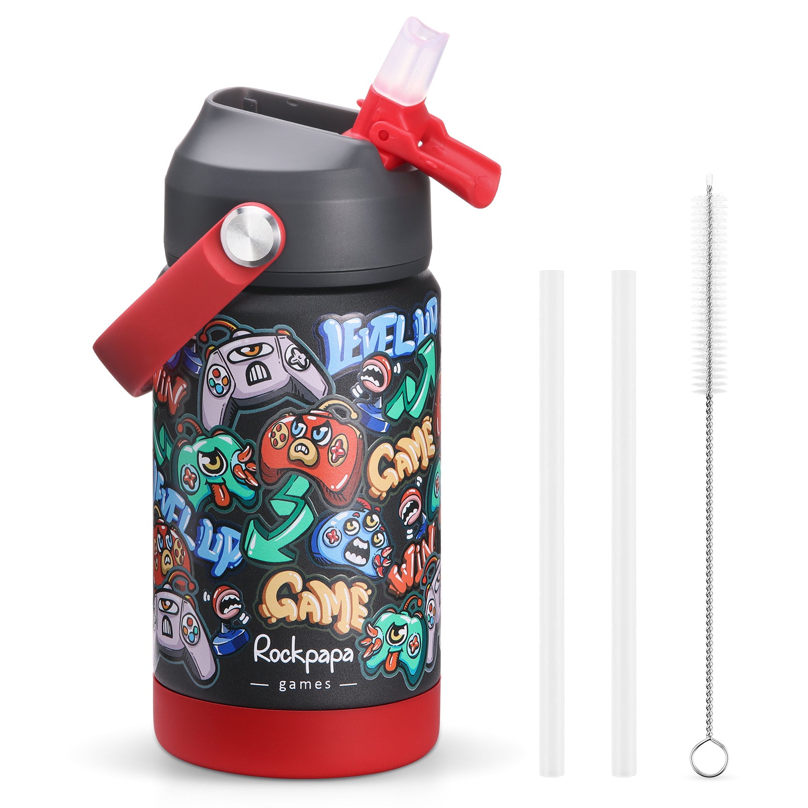 rockpapa Kids Insulated Water Bottle with Straw, BPA-Free, 18/8 Stainless Steel, Leak Proof, 14OZ Metal Cup Water Bottle for School Boys Girls (Blue Dinosaur)