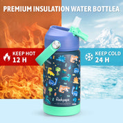 rockpapa Kids Insulated Water Bottle with Straw, BPA-Free, 18/8 Stainless Steel, Leak Proof, 14OZ Metal Cup Water Bottle for School Boys Girls (Blue Dinosaur)