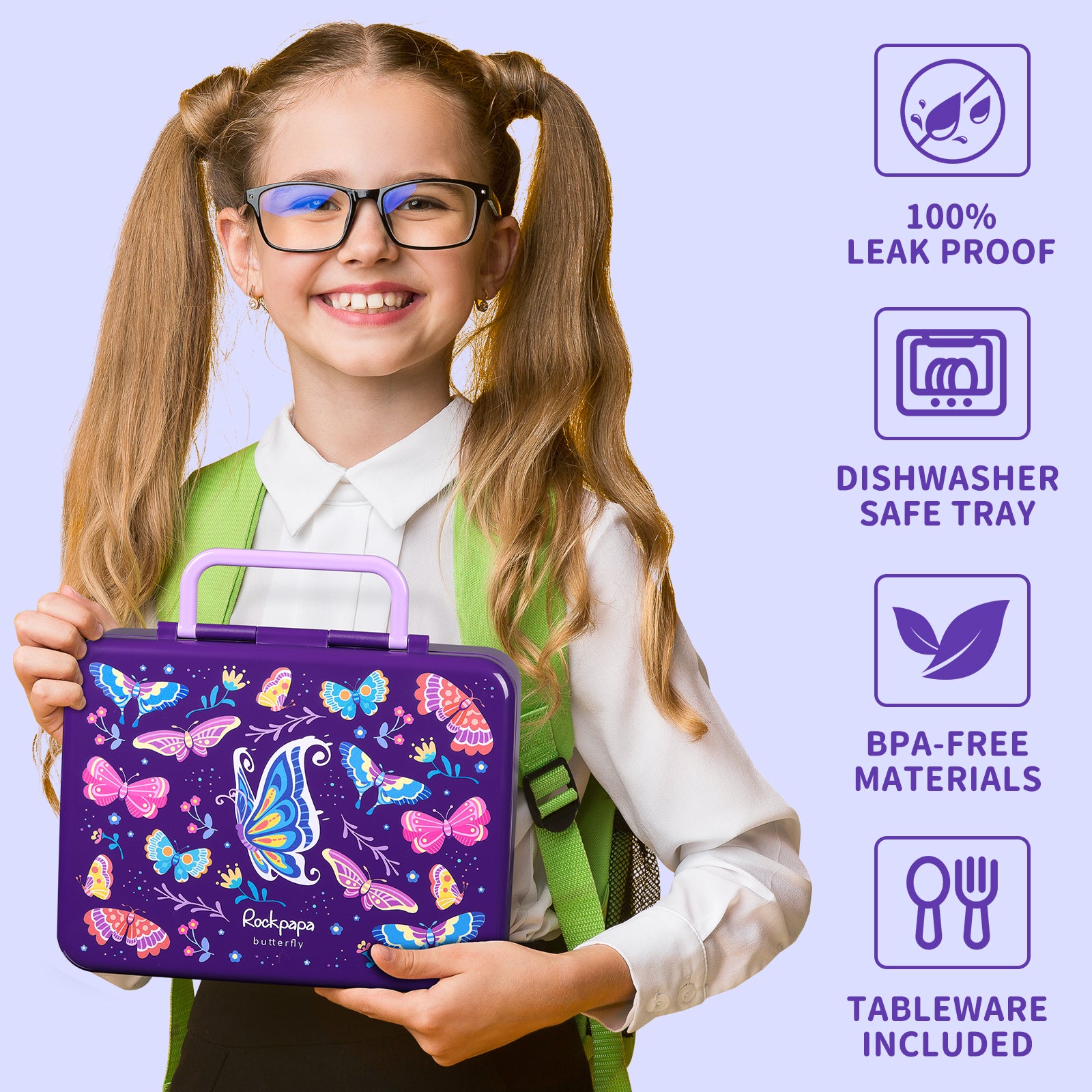 rockpapa 5 Compartment Bento Lunch Box for Kids, Leak Proof, Dishwasher Safe, BPA Free Materials, 47oz Snack Bento Box with Utensils & Handle for Boys Girls Ages 3+ (Purple Butterfly)