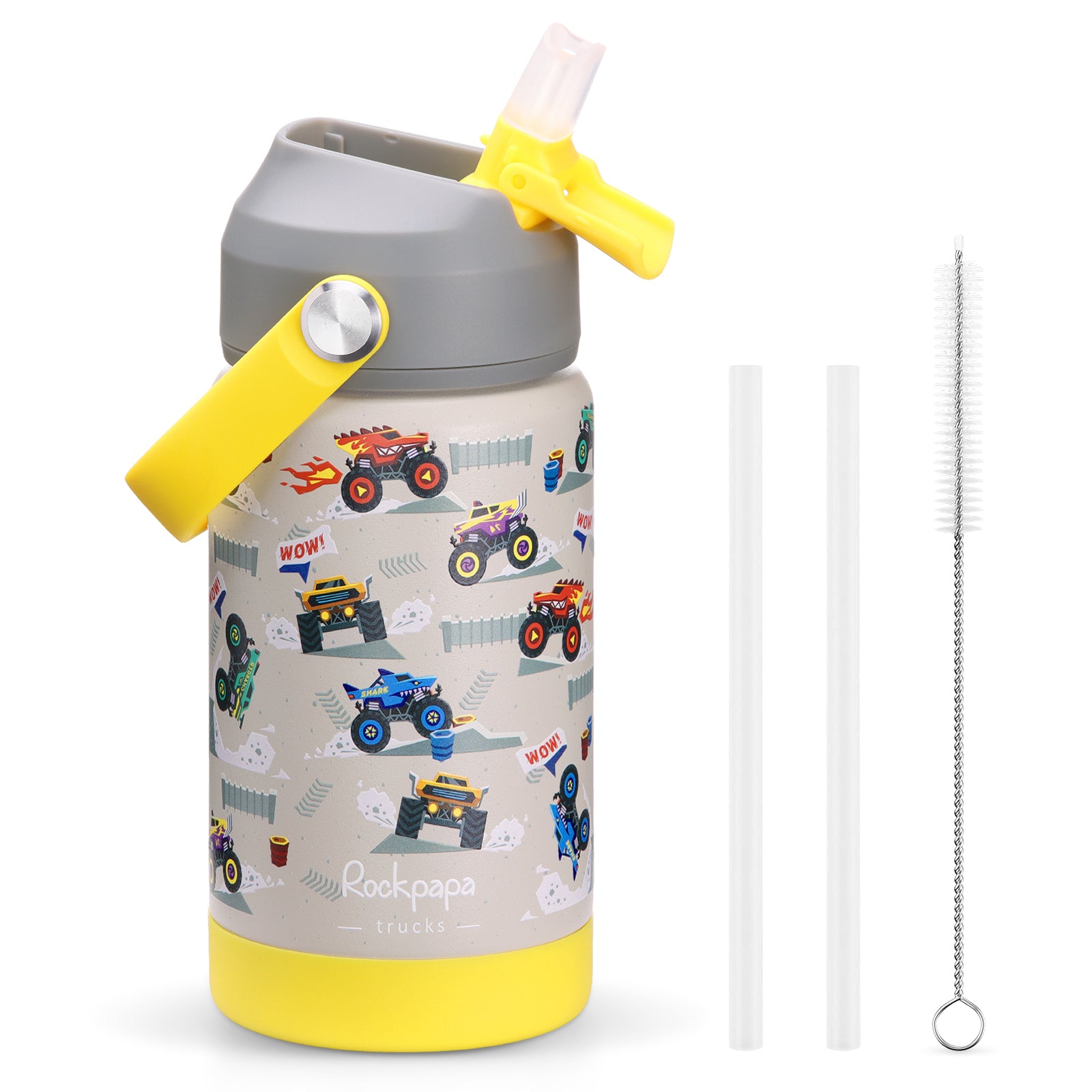 rockpapa Kids Insulated Water Bottle with Straw, BPA-Free, 18/8 Stainless Steel, Leak Proof, 14OZ Metal Cup Water Bottle for School Boys Girls (Blue Dinosaur)
