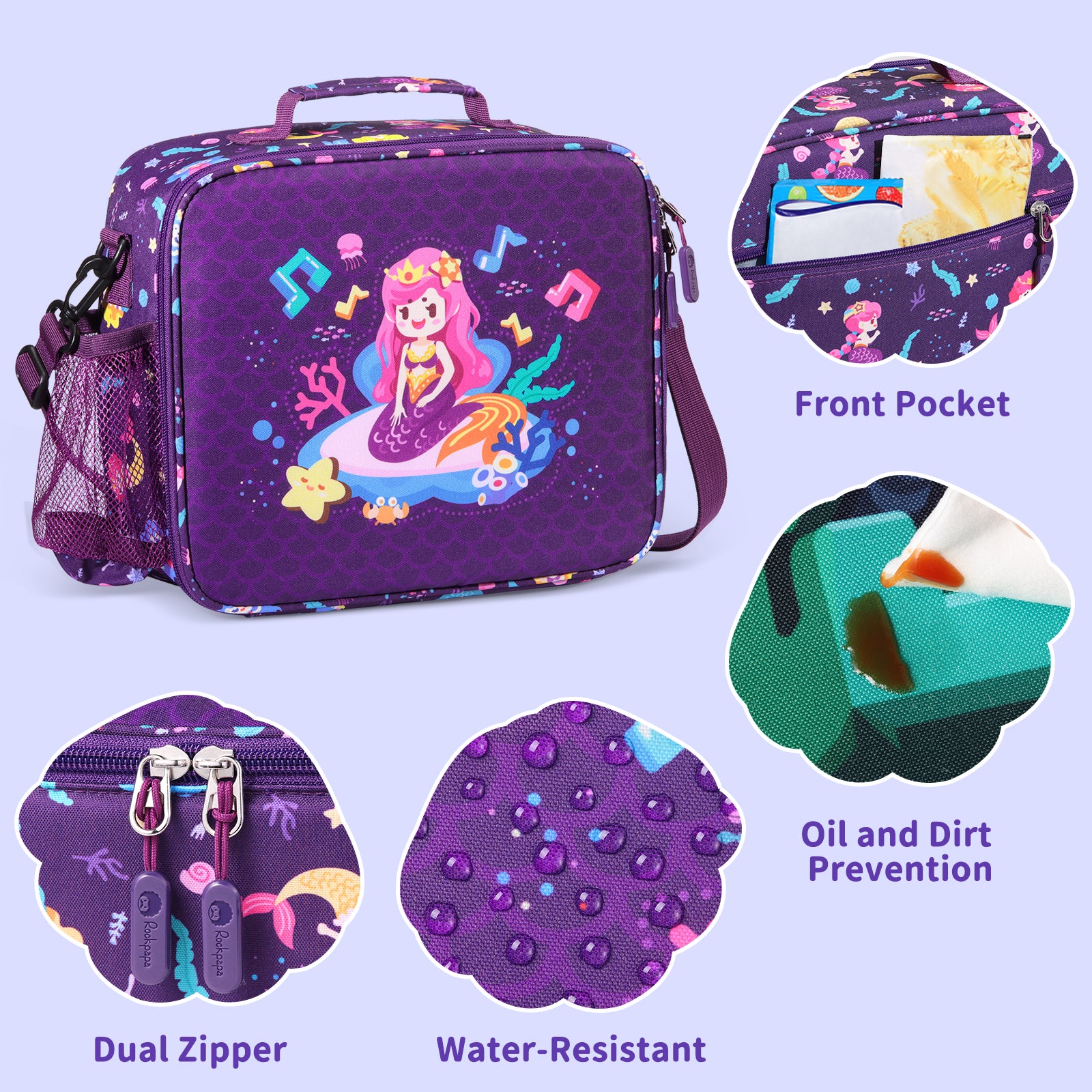 rockpapa Kids Lunch Bag for Kids with Strap, Waterproof, Stain & Oil-Resistant, Insulated LunchBag, Reusable Lunch Tote Bag Holds Lunch Box, Water Bottle & Snacks for School (Purple Mermaid)