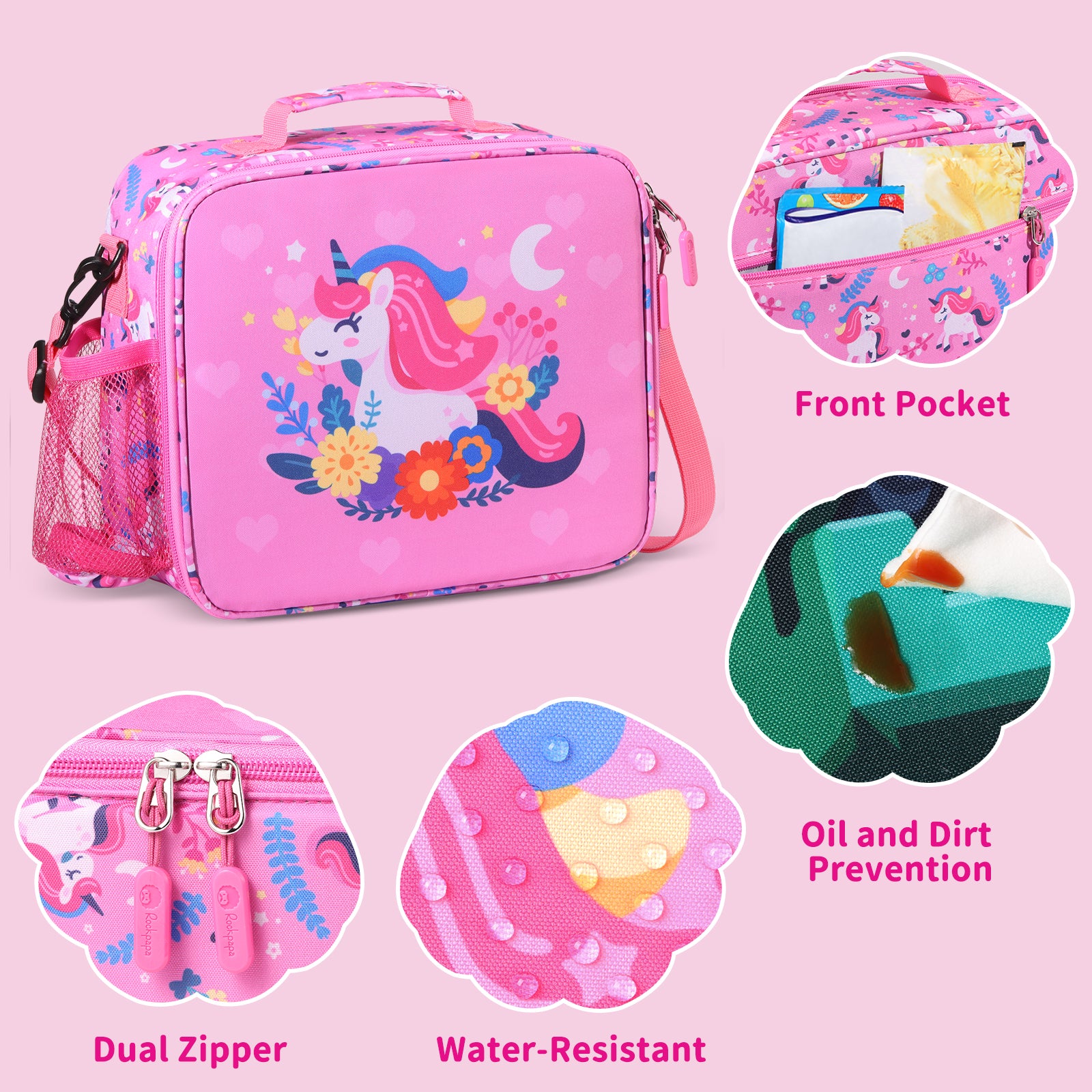 rockpapa Kids Lunch Bag for Kids with Strap, Waterproof, Stain & Oil-Resistant, Insulated LunchBag, Reusable Lunch Tote Bag Holds Lunch Box, Water Bottle & Snacks for School (Pink Unicorn)