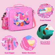 rockpapa Kids Lunch Bag for Kids with Strap, Waterproof, Stain & Oil-Resistant, Insulated LunchBag, Reusable Lunch Tote Bag Holds Lunch Box, Water Bottle & Snacks for School (Pink Unicorn)