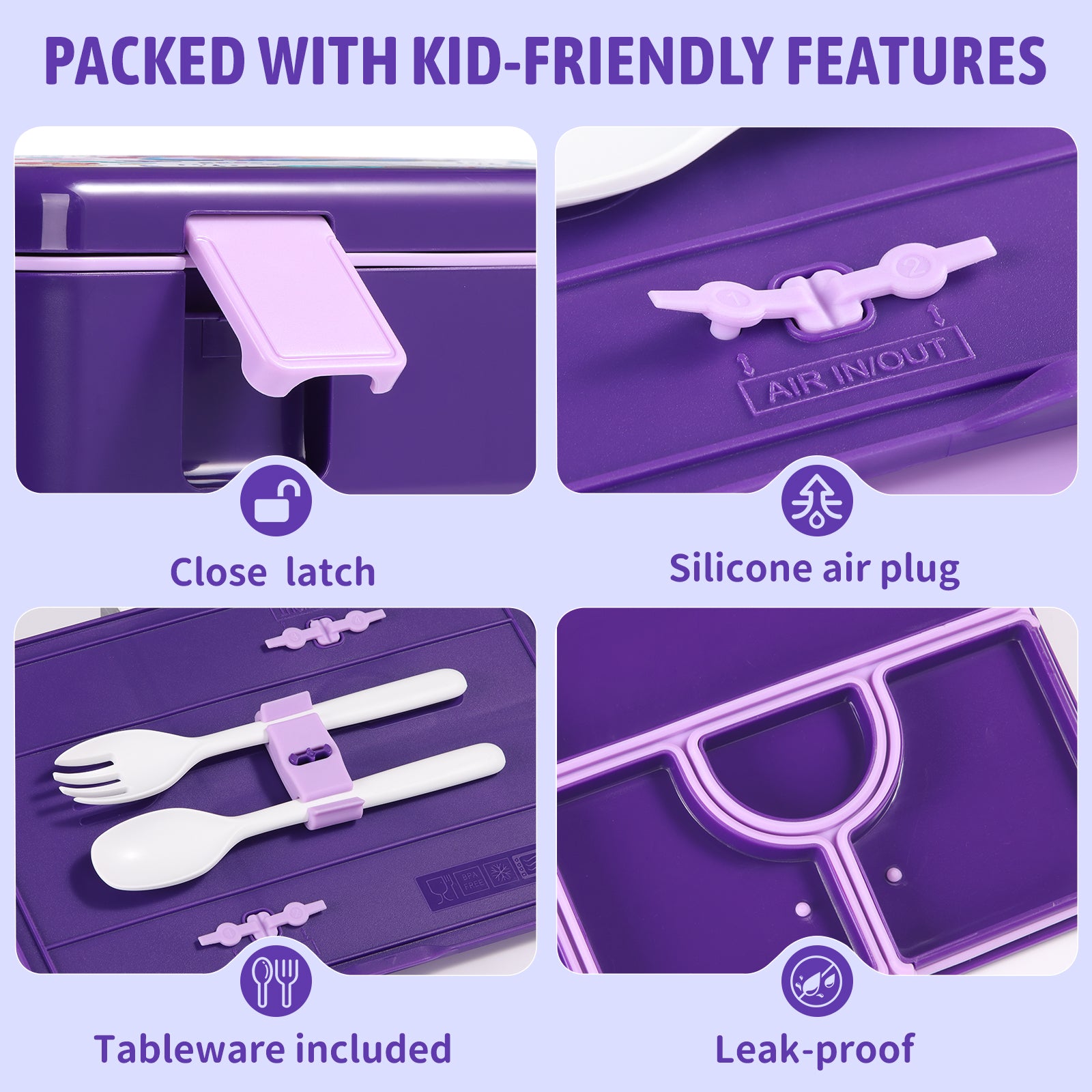 rockpapa 5 Compartment Bento Lunch Box for Kids, Leak Proof, Dishwasher Safe, BPA Free Materials, 47oz Snack Bento Box with Utensils & Handle for Boys Girls Ages 3+ (Purple Butterfly)