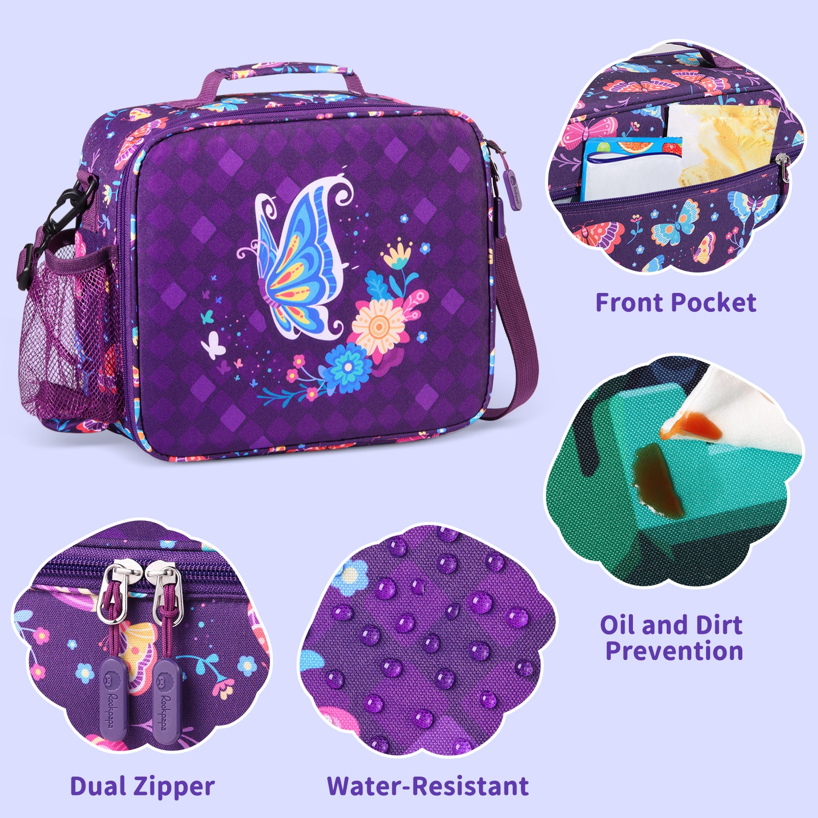 rockpapa 5 Compartment Bento Lunch Box for Kids with Uensils & Insulated Water Bottle & Lunch Bag with Strap, BPA-Free Lunch box Containers Set for School Boys Girls Ages 3+