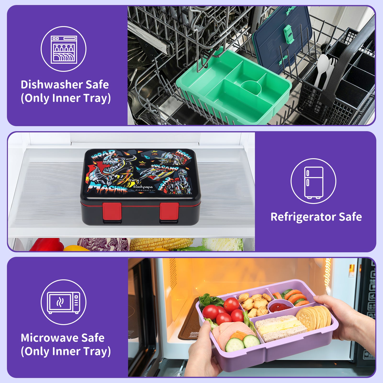 rockpapa 5 Compartment Bento Lunch Box for Kids, Leak Proof, Dishwasher Safe, BPA Free Materials, 47oz Snack Bento Box with Utensils & Handle for Boys Girls Ages 3+ (Purple Butterfly)