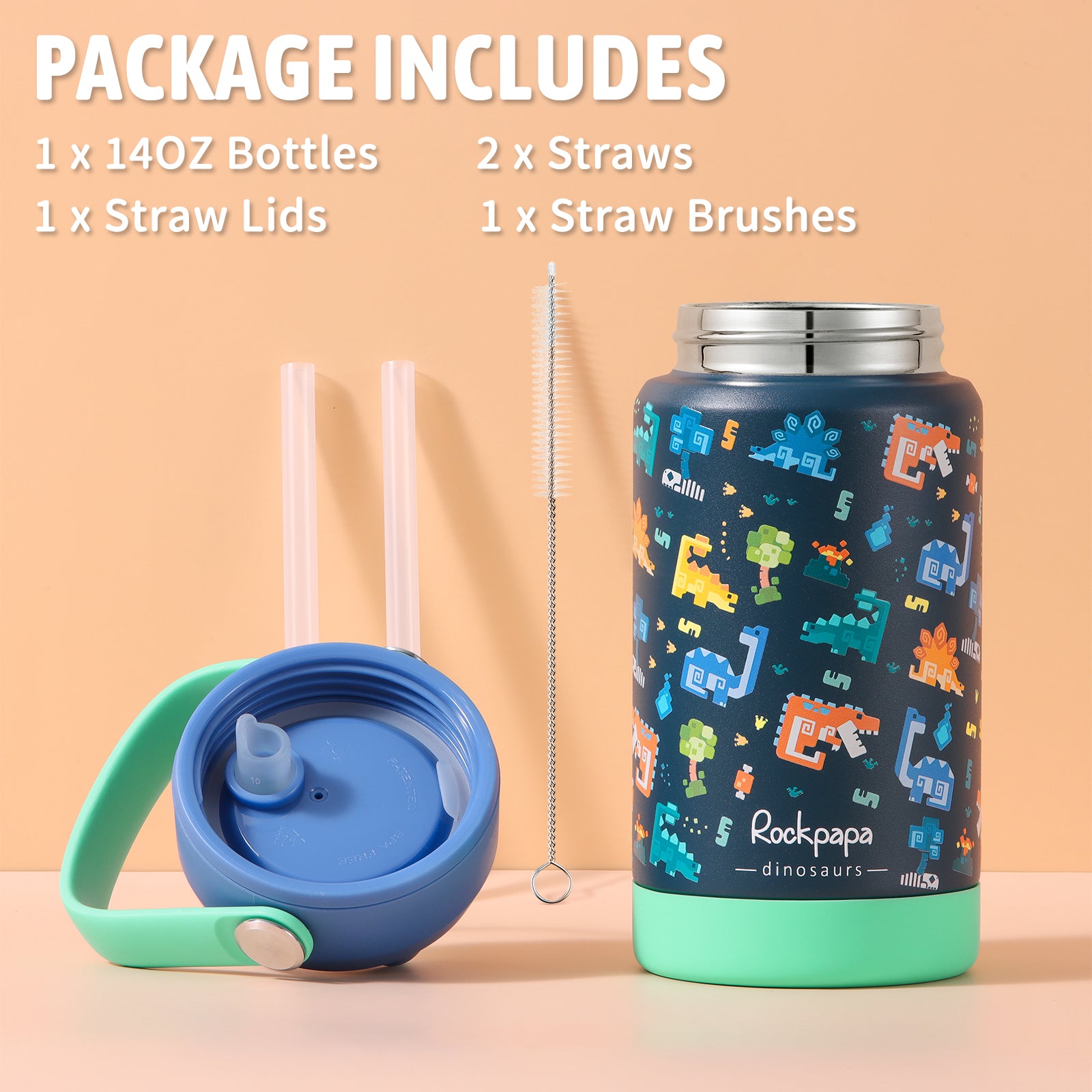 rockpapa Kids Insulated Water Bottle with Straw, BPA-Free, 18/8 Stainless Steel, Leak Proof, 14OZ Metal Cup Water Bottle for School Boys Girls (Blue Dinosaur)