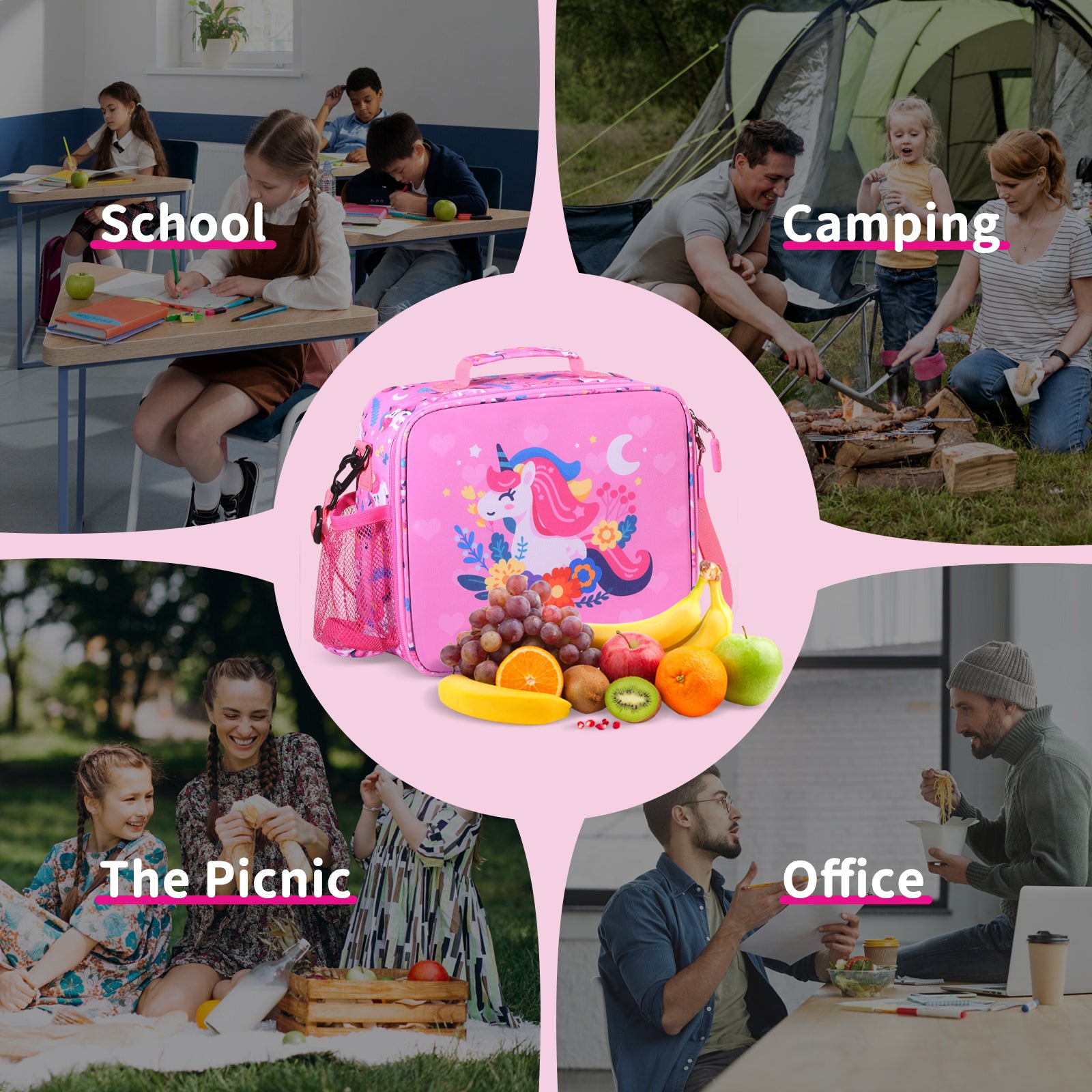 rockpapa Kids Lunch Bag for Kids with Strap, Waterproof, Stain & Oil-Resistant, Insulated LunchBag, Reusable Lunch Tote Bag Holds Lunch Box, Water Bottle & Snacks for School (Pink Unicorn)