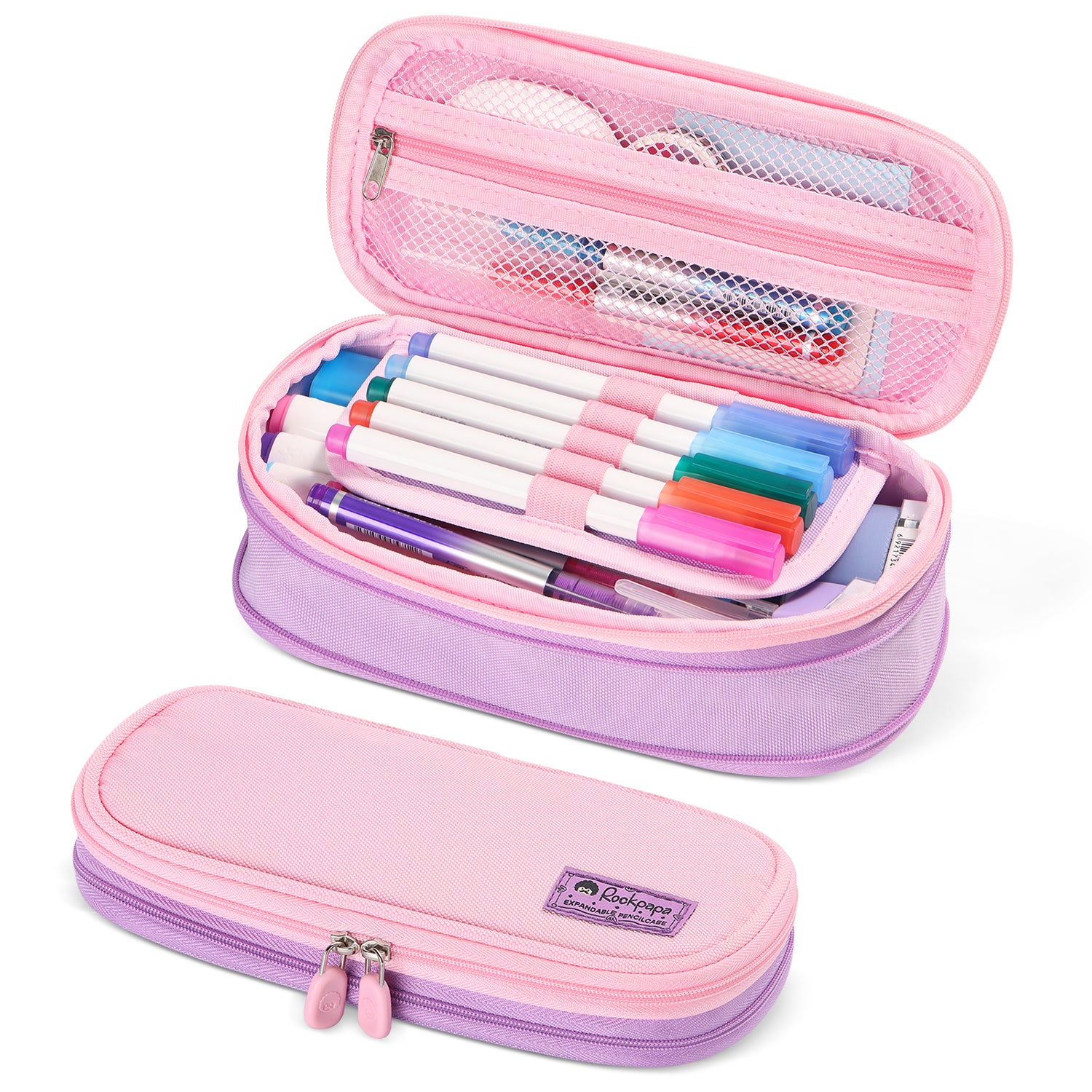 Rockpapa Expandable Cute Pencil Case for Girls Aesthetic Pencil Case with Compartments Pencil Pouch with Zipper for Kids Pencil Box Bag Holder