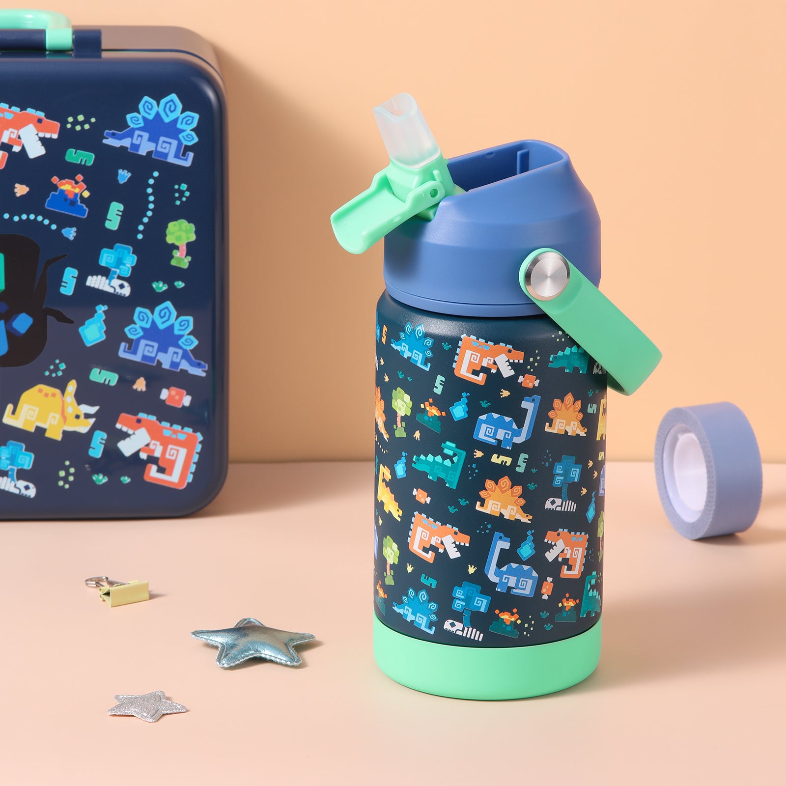 rockpapa Kids Insulated Water Bottle with Straw, BPA-Free, 18/8 Stainless Steel, Leak Proof, 14OZ Metal Cup Water Bottle for School Boys Girls (Blue Dinosaur)