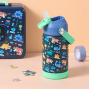 rockpapa Kids Insulated Water Bottle with Straw, BPA-Free, 18/8 Stainless Steel, Leak Proof, 14OZ Metal Cup Water Bottle for School Boys Girls (Blue Dinosaur)