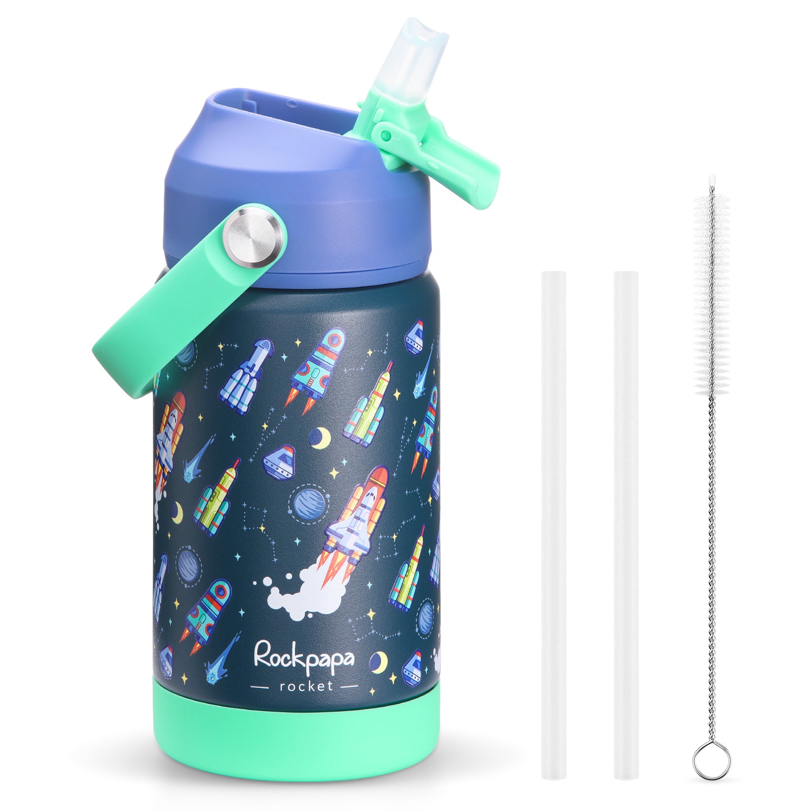 rockpapa Kids Insulated Water Bottle with Straw, BPA-Free, 18/8 Stainless Steel, Leak Proof, 14OZ Metal Cup Water Bottle for School Boys Girls (Blue Dinosaur)