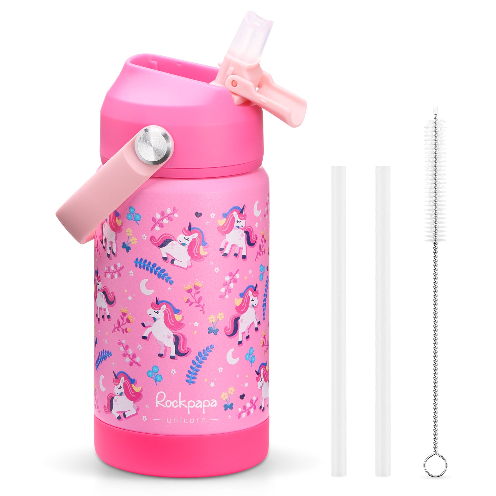 rockpapa Kids Insulated Water Bottle with Straw, BPA-Free, 18/8 Stainless Steel, Leak Proof, 14OZ Metal Cup Water Bottle for School Boys Girls (Blue Dinosaur)