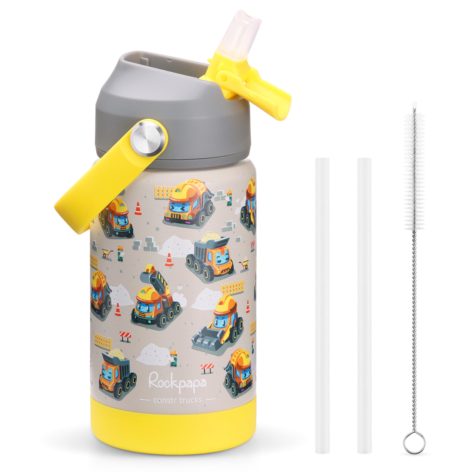 rockpapa Kids Insulated Water Bottle with Straw, BPA-Free, 18/8 Stainless Steel, Leak Proof, 14OZ Metal Cup Water Bottle for School Boys Girls (Blue Dinosaur)