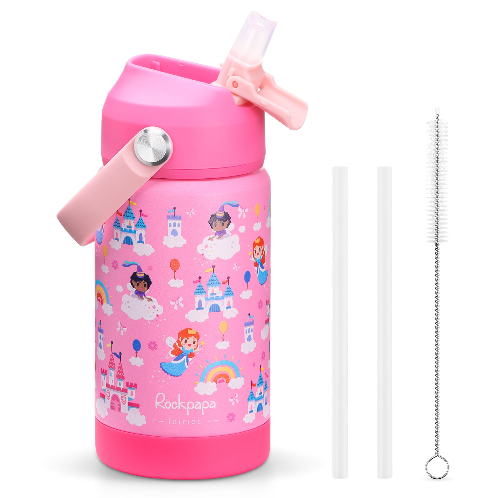 rockpapa Kids Insulated Water Bottle with Straw, BPA-Free, 18/8 Stainless Steel, Leak Proof, 14OZ Metal Cup Water Bottle for School Boys Girls (Blue Dinosaur)
