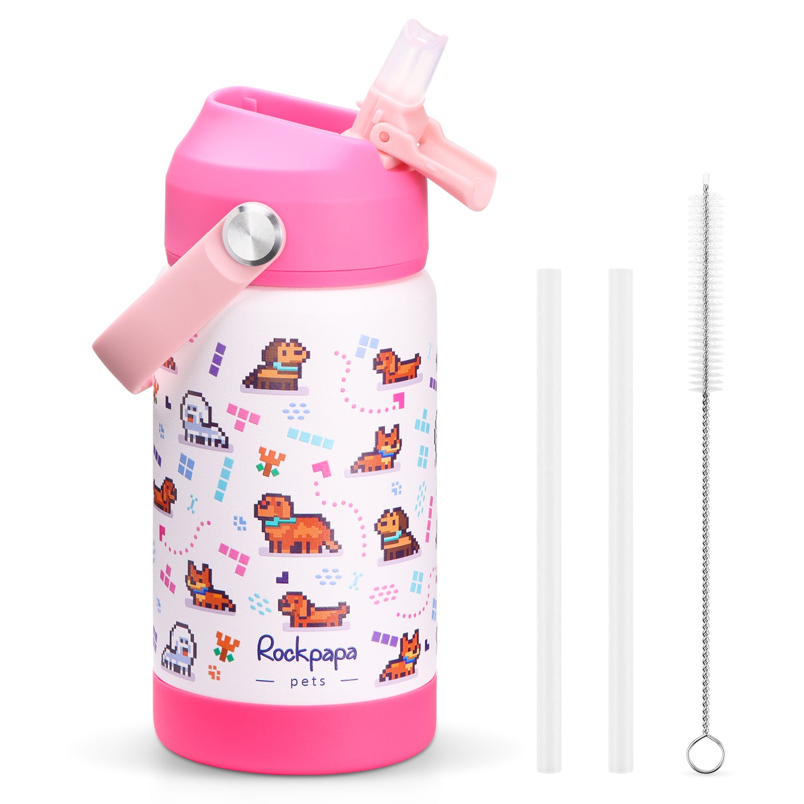 rockpapa Kids Insulated Water Bottle with Straw, BPA-Free, 18/8 Stainless Steel, Leak Proof, 14OZ Metal Cup Water Bottle for School Boys Girls (Blue Dinosaur)