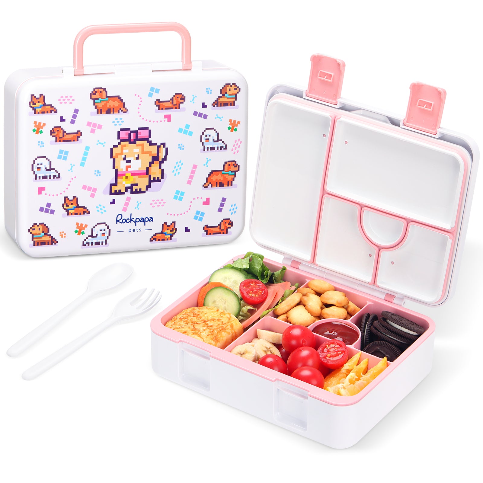 rockpapa 5 Compartment Bento Lunch Box for Kids, Leak Proof, Dishwasher Safe, BPA Free Materials, 47oz Snack Bento Box with Utensils & Handle for Boys Girls Ages 3+ (Black Dinosaur)