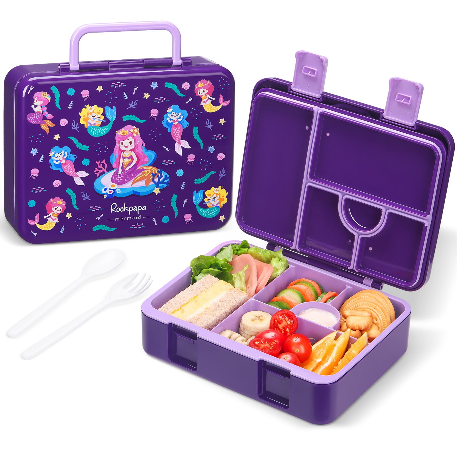 rockpapa 5 Compartment Bento Lunch Box for Kids, Leak Proof, Dishwasher Safe, BPA Free Materials, 47oz Snack Bento Box with Utensils & Handle for Boys Girls Ages 3+ (Black Dinosaur)