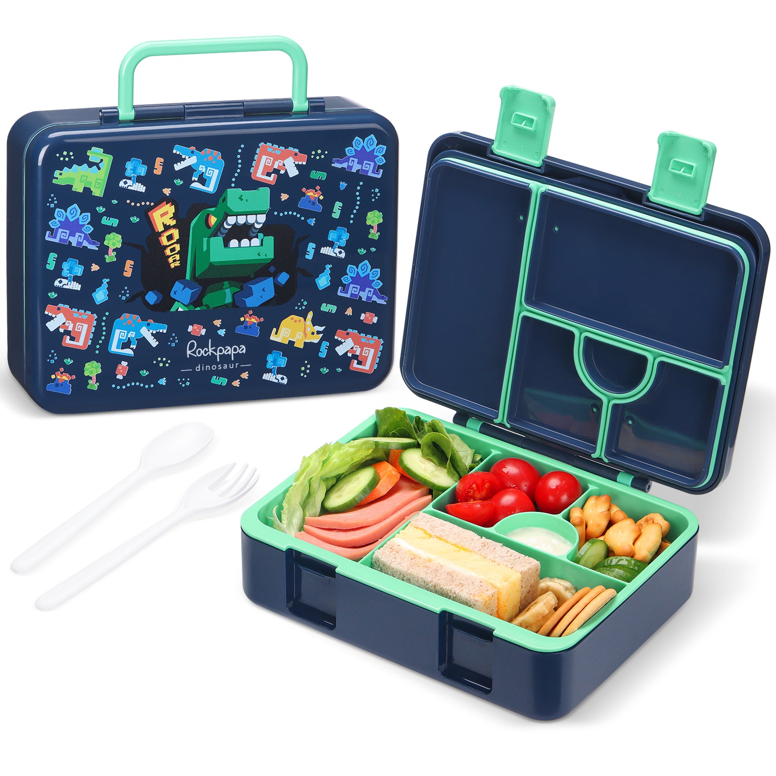 rockpapa 5 Compartment Bento Lunch Box for Kids, Leak Proof, Dishwasher Safe, BPA Free Materials, 47oz Snack Bento Box with Utensils & Handle for Boys Girls Ages 3+ (Black Dinosaur)
