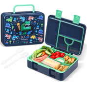 rockpapa 5 Compartment Bento Lunch Box for Kids, Leak Proof, Dishwasher Safe, BPA Free Materials, 47oz Snack Bento Box with Utensils & Handle for Boys Girls Ages 3+ (Black Dinosaur)