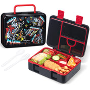 rockpapa 5 Compartment Bento Lunch Box for Kids, Leak Proof, Dishwasher Safe, BPA Free Materials, 47oz Snack Bento Box with Utensils & Handle for Boys Girls Ages 3+ (Black Dinosaur)